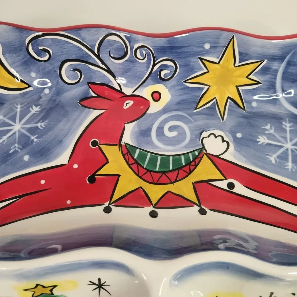 Clay Art Stonelite Christmas Tree Serving Dish Platter Hand Painted 2003 Vintage